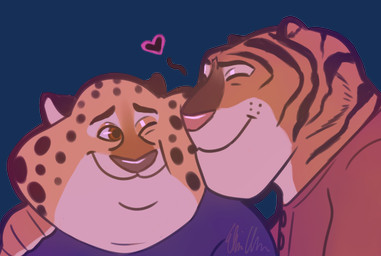 anthro countershading duo heart_symbol male male/male overweight overweight_male simple_background transparent_background ellieabadeer_(artist) disney zootopia benjamin_clawhauser tiger_dancer_(zootopia) cheetah felid feline mammal pantherine tiger alpha_channel source_request