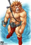 2012 abs absurd_res anthro athletic belt biceps big_muscles blush bodily_fluids bomb_(artist) boots bottomwear brown_hair bulge clothed clothing erection erection_under_clothing felid footwear fur genitals hair hi_res leo_(red_earth) lion loincloth male mammal melee_weapon muscular muscular_anthro muscular_male nipples pantherine pecs penis red_earth scar solo straps sweat sword tenting topless weapon