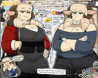 anthro belly big_breasts bottomwear breasts cleavage clothed clothed_anthro clothed_female clothing crossed_arms curved_horn female frown fully_clothed fully_clothed_anthro fully_clothed_female fur hair horn laugh markings mature_female mole_(marking) mole_on_breast mole_under_eye overweight overweight_anthro overweight_female purse shorts solo text thick_thighs white_body white_fur white_hair 00niine aireen_(00niine) bovid caprine mammal sheep english_text