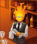 5_fingers alcohol_bottle bartender black_clothing black_topwear black_vest button_(fastener) clothing collared_shirt container countertop cup detailed_background dress_shirt drinking_glass earless eyeless eyewear faceless fingers fire flaming_hair floor glass glass_container glass_cup glasses holding_glass holding_object mouthless necktie noseless not_furry orange_background pseudo_hair rectangular_glasses shirt simple_background solo text topwear towel vest waiter white_clothing white_shirt white_topwear wine_glass wood wood_floor o0o0o5959 undertale undertale_(series) grillby elemental_creature elemental_humanoid fire_creature fire_humanoid humanoid 2021 artist_name digital_drawing_(artwork) digital_media_(artwork) half-length_portrait portrait