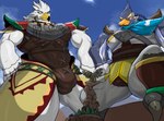 anthro armor beak blue_body bulge detailed_bulge duo feathers feet looming low-angle_view macro male male/male rito_village talons toes white_body masterelrest breath_of_the_wild nintendo the_legend_of_zelda divine_beast_vah_medoh revali teba_(tloz) avian bird rito hi_res