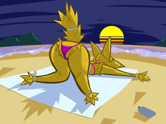 ambiguous_gender anthro ass_up beach bent_over bikini clothing night pink_bikini pink_clothing pink_swimwear rope scarecrow sea solo sunset swimwear tail two-piece_swimsuit water yellow_body aygee rusty_seas animate_inanimate 2026 4:3