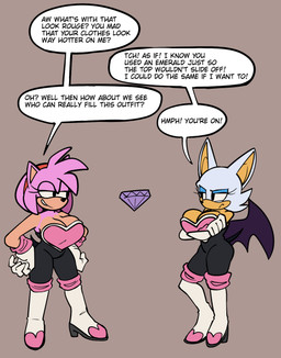 alternate_costume anthro bat_wings big_breasts bodysuit boots breasts chaos_emerald cleavage clothed clothing clothing_swap cosplay dialogue duo female female_anthro footwear gem gloves handwear membrane_(anatomy) membranous_wings shoes simple_background skinsuit speech_bubble text tight_clothing wings klacket sega sonic_the_hedgehog_(series) amy_rose rouge_the_bat bat eulipotyphlan hedgehog mammal 2026 digital_drawing_(artwork) digital_media_(artwork) english_text flat_colors hi_res