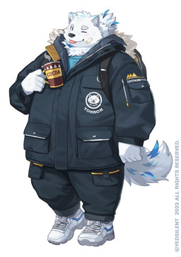 anthro backpack bandage bandage_on_face beverage blep candy chocolate clothing dessert food fur hot_chocolate jacket male one_eye_closed simple_background solo text tongue tongue_out topknot topwear white_background white_body white_fur wink yed lifewonders live_a_hero yohack canid canine canis domestic_dog mammal nordic_sled_dog samoyed spitz absurd_res english_text hi_res
