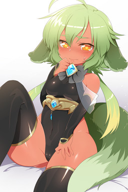 amber_eyes black_clothing black_leotard blush breasts camel_toe clothing female green_hair green_tail hair highleg highleg_leotard legwear leotard looking_at_viewer simple_background sitting solo tail thigh_highs white_background mofuaki titi-chan_(donezumi) animal_humanoid humanoid 2015 2:3 hi_res