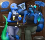 2012 alcohol anthro bar beverage big_breasts blue_anole blue_body blue_hawaiian_(drink) breasts clothed clothing dactyloid dialogue dragon duo eliza_(vader-san) english_text female fluffy fluffy_tail food furgonomics hindpaw horn hybrid lemur lizard lunacatta_(character) mammal membrane_(anatomy) membranous_wings mythological_creature mythological_scalie mythology non-mammal_breasts paws primate reptile ring-tailed_lemur scalie strepsirrhine tail tail_clothing text vader-san wings