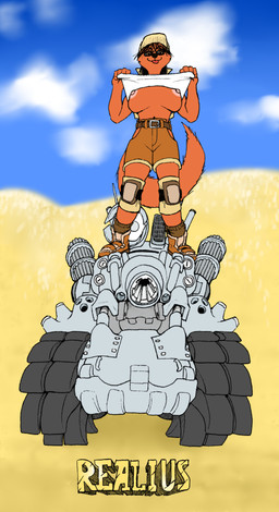 alternate_species anthro anthrofied armored_vehicle belt big_breasts bottomwear breasts cannon casemate clothed clothing cloud desert female flashing footwear fur gun hat headgear headwear knee_pads machine_gun nipples orange_body orange_fur ranged_weapon shoes shorts sky solo standing sv-001 tank_(vehicle) tracked_vehicle vehicle weapon realius metal_slug fio_germi canid canine mammal absurd_res hi_res