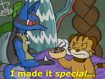 abstract_background ambiguous_gender angry anthro bed bedding bedroom blanket blue_body blue_fur chest_spike duo eye_contact eyebrows food fur furniture grey_body grey_fur hand_spike holding_food holding_object looking_at_another multicolored_body multicolored_fur neck_tuft noodles on_bed pillow pointy_ears red_eyes round_ears sitting sitting_on_bed snout spikes spikes_(anatomy) tail tan_body tan_fur text tuft waterfall whisker_spots whiskers carnaltwin nintendo pokemon thrillville cairo_(carnaltwin) canid canine felid generation_4_pokemon lucario mammal pantherine pokemon_(species) tiger 2026 4:3 digital_drawing_(artwork) digital_media_(artwork) english_text meme watermark