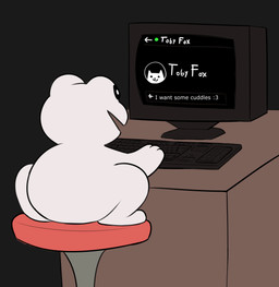 :3 ambiguous_gender chair cuddling electronics female feral furniture keyboard male monitor simple_background sitting smile text toony samirachuni discord_(app) toby_fox_(copyright) undertale_(series) annoying_dog_(undertale) toby_fox_(person) froggit 2025 absurd_res digital_media_(artwork) english_text hi_res nonbinary_(lore)