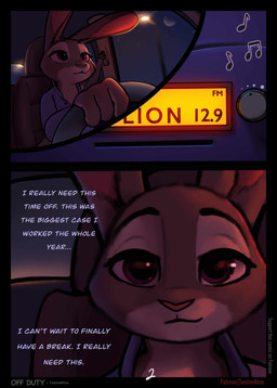 anthro clothing driving electronics female internal_dialogue moon night purple_eyes radio shirt solo topwear unbuttoned_shirt uniform twelvenine disney zootopia judy_hopps lagomorph leporid mammal rabbit 2026 absurd_res comic digital_drawing_(artwork) digital_media_(artwork) hi_res unavailable_at_source