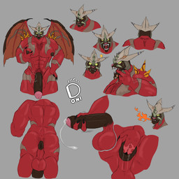abs anthro anus body_hair breath_powers butt chest_hair elemental_manipulation fangs finger_in_mouth fire fire_breathing fire_manipulation genitals glans hairy happy_trail horn humanoid_genitalia looking_at_viewer male markings muscular muscular_male nipples nude pec_grab pecs penis presenting presenting_anus presenting_hindquarters presenting_penis pubes snarling solo surprised teeth wings donisette kaijudo kaijudo_rise_of_the_duel_masters mythology tatsurion_the_unchained armored_dragon_(kaijudo) beast_kin dragon hybrid mythological_creature mythological_scalie quillspike scalie 1:1 absurd_res hi_res