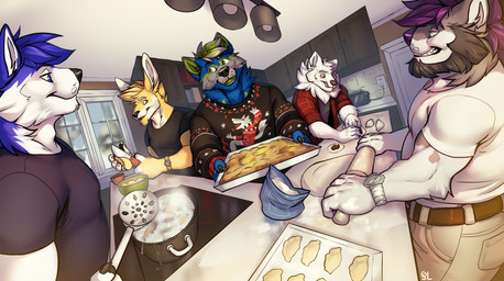 anthro beard black_clothing black_shirt black_sweater black_t-shirt black_topwear blonde_hair blue_body blue_eyes blue_fur blue_hair cheek_tuft christmas_clothing christmas_sweater christmas_topwear closed_smile clothed clothing cooking cooking_pot dough facial_hair facial_tuft fur green_hair grey_body grey_eyes grey_fur grey_hair grin group hair holding_knife holding_object holding_potato holidays inside kitchen knife licking licking_lips licking_own_lips looking_aside male male_anthro mouth_closed narrowed_eyes neck_tuft open_clothing open_mouth open_smile open_topwear pink_eyes purple_hair red_clothing red_topwear shirt short_hair smile sweater t-shirt tongue tongue_out topwear tuft white_body white_clothing white_fur white_shirt white_t-shirt white_topwear yellow_body yellow_fur yellow_sclera solaxe_(artist) christmas dunothewolf_(character) jhusky lesterhusky solaxe vulcan_river_wolf canid canine felid hybrid kangaroo lion macropod mammal marsupial pantherine absurd_res hi_res