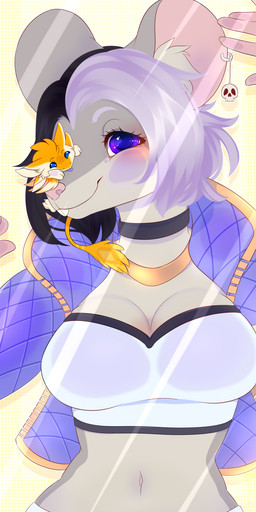 3_fingers 3_toes 4_ears anthro big_breasts black_hair black_sclera blue_eyes bra breasts claws clothed clothed_anthro clothed_female clothing duo feather_hair feathered_wings feathers feet female finger_claws fingers fur grey_body grey_fur hair jacket larger_anthro larger_clothed larger_female male male_anthro midriff multi_ear orange_body orange_ears orange_feathers orange_hair orange_wings pink_inner_ear pseudo_hair purple_clothing purple_jacket purple_tongue purple_topwear shirt simple_background size_difference skull_ear_ring smaller_male toe_claws toes tongue tongue_out topwear underwear white_body white_bra white_breasts white_claws white_clothing white_feathers white_fur white_hair white_inner_ear white_shirt white_topwear white_underwear white_wings winged_arms wings yellow_background xyrmu rant_(rantelraton) ravashi_(dynnie) avali avian mammal mouse murid murine rodent absurd_res hi_res female_(lore) male_(lore)