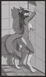 anthro biped breasts butt ear_piercing female looking_at_viewer nipple_piercing nipples piercing shower solo standing water wet mingchee spoonyfox jacqueline_(spoonyfox) canid canine canis coyote mammal 2013 greyscale monochrome