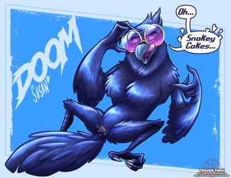 adjusting_glasses animal_genitalia anthro avian_feet beak bodily_fluids cloaca_juice eyewear eyewear_only feet genital_fluids genitals glasses licking licking_lips licking_own_lips nude open_beak open_mouth simple_background solo spread_legs spreading sunglasses sunglasses_only talons text text_box text_with_heart toes tongue tongue_out tuft wastedtimeee dreamworks the_bad_guys doom_(the_bad_guys) avian bird corvid corvus_(genus) crow oscine passerine absurd_res hi_res