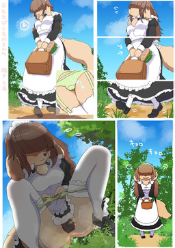 animal_genitalia animal_vulva anthro anus arrow_pointing_to_crotch bangs basket blush bodily_fluids brown_hair canine_genitalia canine_vulva clothed clothing container crouching directional_arrow dress embarrassed female female_peeing food footwear fur garter_belt garter_straps genital_fluids genitals green_clothing green_panties green_underwear hair hair_over_eyes holding_basket holding_container holding_object kemono legwear low-angle_view maid_headdress maid_uniform omorashi outside panties panties_down partially_clothed peeing peeing_outside plant sandwich_(food) shoes shrub solo stockings sweat tan_body tan_fur text underwear underwear_down uniform urine vulva walking wet wet_clothing wet_panties wet_underwear wetting setonanaki13 littell_(mttbsmn) canid canine canis domestic_dog mammal censored comic hi_res japanese_text mosaic_censorship translation_request