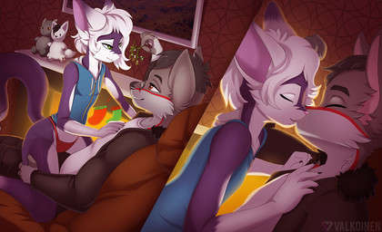 anthro clothed clothing detailed_background duo female fireplace flat_chested fur green_eyes hand_on_chest kissing kissing_bough male mistletoe panties plant purple_body purple_fur smile straddling underwear valkoinen canid canine domestic_cat felid feline felis mammal 2018 digital_media_(artwork)