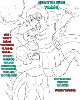 5_fingers anthro bodily_fluids bone_frill bottle cheerleader cheerleader_outfit container cross-popping_vein dialogue duo elbow_feathers eyelashes eyewear feathered_tail feathers female fingers football_jersey football_player frill_(anatomy) glasses hair long_hair long_tail male male/female pom_poms round_glasses short_hair spiked_tail spikes spikes_(anatomy) sweat sweatdrop tail text water_bottle arsenic_iii cavemanon_studios snoot_game fan_character millie_robinson tommy_(snoot_game) dinosaur dromaeosaurid feathered_dinosaur feathered_scalie hadrosaurid microraptor ornithischian ornithopod parasaurolophus prehistoric_species reptile saurischian scalie theropod 2025 4:5 english_text hi_res monochrome