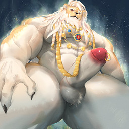 anthro balls beard biceps biped erection facial_hair genital_piercing genitals glans jewelry_only male muscular muscular_anthro muscular_male nude_anthro nude_male penis penis_piercing piercing prince_albert_piercing red_eyes solo m7 dislyte lilith_games javid_(dislyte) felid lion mammal pantherine 1:1 colored