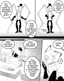 aged_up ahoge antennae_(anatomy) bald black_hair clothed clothing contacts detailed_background dialogue duo earless eyewear furniture gloves hair handwear male not_furry on_sofa sitting sitting_on_sofa sofa speech_bubble text topwear wig inimoose invader_zim nickelodeon dib_membrane zim_(invader_zim) alien alien_humanoid human humanoid irken mammal comic digital_media_(artwork) english_text hi_res monochrome