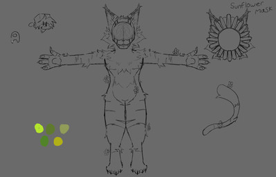 anthro botanist eyeless female female/female flower fur fur_markings green_body markings mask plant solo sunflower splattterdd ambient_among_us among_us friday_night_funkin' innersloth boyfriend_(fnf) felid feline mammal hi_res model_sheet