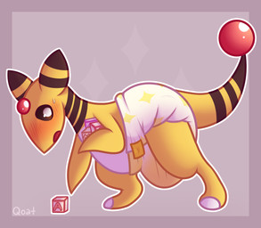 ambiguous_gender anthro blush bodily_fluids clothed clothing diaper embarrassed genital_fluids omorashi padded padding peeing sagging sagging_diaper solo unclean_diaper urine used_diaper wearing_diaper wet wet_diaper wetting wetting_diaper white_diaper qoat nintendo pokemon ampharos generation_2_pokemon pokemon_(species) hi_res