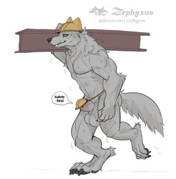 animal_genitalia anthro armor balls big_balls biped blue_eyes bodily_fluids claws fangs finger_claws fur genitals girder grey_balls grey_body grey_fur grey_sheath hard_hat headgear headgear_only helmet helmet_only humor looking_at_viewer male male_anthro muscular muscular_anthro muscular_male paws sheath snout solo speech_bubble steel_beam sweat teeth text toe_claws walking worker zephyxus canid canine canis mammal wolf 2025 digital_media_(artwork) english_text