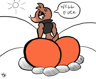 anthro big_butt bottomwear brown_body brown_hair butt clothing cross-popping_vein dark_jacket eyelashes hair hill huge_butt hyper hyper_butt male orange_bottomwear orange_clothing orange_shorts pink_snout rear_view shorts simple_background sleeveless_jacket small_tail solo speech_bubble stuck_in_ground sun tail text tuft whiskers white_background orangedo69 evan_laveldivan eulipotyphlan mammal mole_(animal) english_text watermark