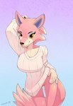 2019 5_fingers absurd_res animal_crossing anthro big_breasts bottomless breasts canid canine canis cleavage clothed clothing crombie digital_media_(artwork) female fingers flirting freya_(animal_crossing) fur genitals hand_behind_head hand_on_hip hi_res mammal nintendo orange_sclera pink_body pink_fur pussy shaded signature solo sweater topwear white_clothing white_sweater white_topwear wolf