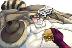 big_cheeks burger chubby_cheeks feeding first_person_view food force_feeding forced fur grey_body grey_fur immobile morbidly_obese obese overweight purple_body purple_fur simple_background speech_bubble talking_to_another white_background unonyx 3:2