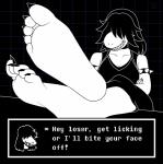 5_toes anthro barefoot biped breasts bullying capri_pants claws deltarune dialogue english_text feet female foot_focus hair hi_res humanoid_feet humanoid_hands long_hair non-mammal_breasts plantigrade reptile scalie sharp_teeth smile soles solo sonictemperance susie_(deltarune) taunting teeth text text_box threatening toe_claws toes undertale_(series)