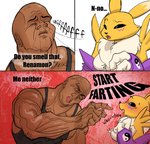 anthro blush bodily_fluids breasts clothing duo female humor male muscular muscular_male shirt shitpost sweat tank_top text topwear vein veiny_muscles what kaboozey bandai_namco digimon dwayne_johnson canid canine digimon_(species) human mammal renamon 2020 english_text hi_res meme