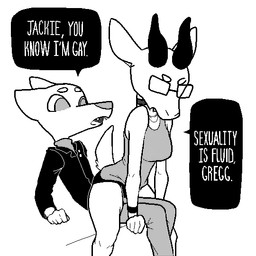 anthro bottomwear boxers_(clothing) clothing dialogue duo eyewear fangs female gay_to_straight glasses horn humor jacket lapdance male male/female open_mouth orientation_play parody shirt shorts stated_homosexuality stated_sexuality tank_top teeth text topwear undershirt underwear wristband pashoo night_in_the_woods gregg_lee jackie_(nitw) bovid canid canine caprine fox goat mammal 1:1 2017 black_and_white english_text monochrome trans_(lore) trans_woman_(lore)