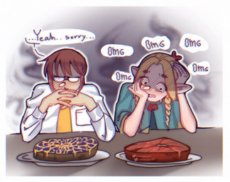 accessory arm_support bent_arm biped blonde_hair bodily_fluids border braided_hair capelet clothing coat cooked_food dialogue downcast eyewear food food_on_plate front_view furniture glasses hair hair_accessory hand_on_face hand_on_hair hands_together humanoid_pointy_ears light_body long_hair looking_down meat nervous nervous_sweat plate pointy_ears pupils red_hair scared shirt short_hair simple_background sitting small_pupils speech_bubble straight_hair sweat table teal_capelet teal_clothing text thought_bubble topwear white_background white_border white_clothing white_coat white_topwear yellow_clothing yellow_shirt yellow_topwear chommich delicious_in_dungeon miss_kobayashi's_dragon_maid mythology kobayashi_(dragon_maid) marcille_donato elf human humanoid mammal 2024 cel_shading colored digital_drawing_(artwork) digital_media_(artwork) english_text shaded signature watermark
