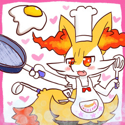 3_fingers ambiguous_anthro ambiguous_gender anthro apron arm_tuft biped black_body black_fur blush blush_lines blush_stickers border bottomless bottomless_ambiguous bottomless_anthro cheek_tuft chef_hat clothed clothing cooking cookware dipstick_tail egg_(food) facial_tuft fingers front_view frying_pan fur hat headgear headwear heart_symbol hip_tuft holding_object inner_ear_fluff kitchen_utensils ladle markings multicolored_body multicolored_fur no_pupils open_:3 open_mouth open_smile orange_body orange_eyes orange_fur orange_inner_ear_fluff orange_tail_tip partially_clothed_ambiguous partially_clothed_anthro pink_border pointy_ears prick_ears red_bow shoulder_tuft simple_background smile solo spatula standing sunny_side_up_egg tail tail_markings tapering_snout tools tuft two_tone_tail white_apron white_background white_body white_clothing white_fur yellow_body yellow_fur yellow_tail annyui0611 nintendo pokemon braixen canid generation_6_pokemon mammal pokemon_(species) 1:1 2021 digital_drawing_(artwork) digital_media_(artwork) flat_colors half-length_portrait hi_res japanese_description portrait translated_description