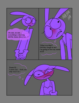 4_fingers angry anthro blush bodily_fluids border bottomwear clothed clothing crossdressing dress embarrassed eyelashes fingers flustered grey_border laugh long_eyelashes male miniskirt nervous nervous_sweat offscreen_character profanity scribble_eyes servitude skirt solo sweat sweatdrop text thought_bubble karnthud glitch_productions the_amazing_digital_circus jax_(tadc) lagomorph leporid mammal rabbit absurd_res comic english_text hi_res