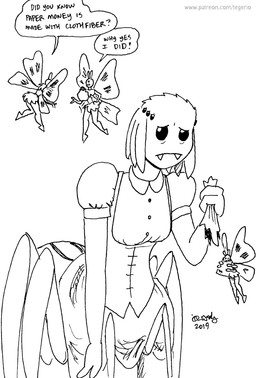 anthro breasts clothed clothing dialogue eating female fully_clothed group midriff money_bag multi_eye sad text tegerio serica_textor arachnid arachnid_taur arthropod arthropod_taur insect lepidopteran moth spider spider_taur taur english_text monochrome