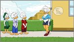 age_difference anthro big_breasts big_butt breasts bulge butt clothing detailed_bulge embarrassed erection female genital_outline group lawn looking_at_another male mature_anthro mature_female older_female penis_outline tenting text vylfgor disney quack_pack daisy_duck dewey_duck huey_duck louie_duck anatid anseriform avian bird duck 2021 hi_res