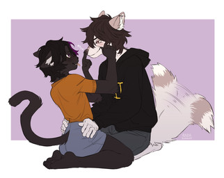 ambiguous_gender anthro black_body black_clothing black_fur black_hair black_hoodie black_nose black_topwear blep blush boop border bottomwear brown_body brown_fur brown_hair closed_smile clothed clothing dark_hair duo ears_back eye_contact fur grey_bottomwear grey_clothing grey_pants hair hand_on_face hand_on_hip happy hoodie kneeling light_body light_fur looking_at_another mouth_closed narrowed_eyes nose_boop orange_clothing orange_topwear pants pink_eyes pivoted_ears purple_background purple_eyes purple_hair simple_background smile tail tail_motion tailwag tongue tongue_out topwear white_body white_border white_fur azuza canid felid mammal 2020 dated hi_res signature