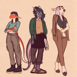 anthro barefoot bottomwear clothing crop_top eyewear feet female footwear glasses group hair hooves jacket jewelry necklace pants pockets shirt shoes tail tied_hair topwear trio glopossum mythology chloe_(glopossum) constance_(glopossum) red_(glopossum) deer dragon lizard mammal mythological_creature mythological_scalie reptile scalie 1:1 2023 hi_res nonbinary_(lore) trans_(lore) trans_woman_(lore)