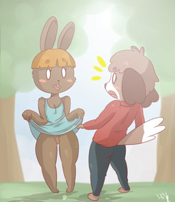 anthro big_head blush bottomless bottomwear clothed clothing clothing_lift duo featureless_crotch female flashing male null shocked skirt skirt_lift toony krayboost animal_crossing nintendo bonbon_(animal_crossing) digby_(animal_crossing) canid canine canis domestic_dog lagomorph leporid mammal rabbit shih_tzu toy_dog 2016 hi_res