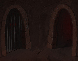 background_shot bars cuff_(restraint) darkness doorway dungeon handcuffs inside metal_cuffs red_glow restraints simple_background stone_floor stone_wall wall_(structure) zero_pictured yourumi brown_theme comic digital_media_(artwork)