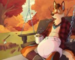 anthro autumn axe beverage blue_body blue_fur brown_body brown_fur clean_diaper clothed clothing coffee container cup detailed_background diaper eyes_closed flannel footwear fur grass log male morning mug orange_body orange_fur outside pattern_clothing plaid plaid_clothing plant red_body red_fur sky socks solo swing tan_body tan_fur tree tree_stump wearing_diaper wood slusheep canid canine canis mammal red_wolf wolf hi_res