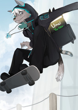 backpack clothed clothing cute_fangs fangs fence fur grey_body grey_fur hair jewelry looking_at_viewer male necklace skateboard solo teeth vehicle white_hair canid canine canis mammal character_request hi_res