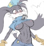 anthro big_breasts blush breasts clothed clothing crossgender female fur gloves grey_body grey_fur handwear hat headgear headwear long_ears mtf_crossgender nipples pink_nose pupils red_eyes skimpy slit_pupils solo wardrobe_malfunction l1zardman bandai_namco klonoa_(series) pac-man_(series) klonoa pac-man domestic_cat felid feline felis mammal