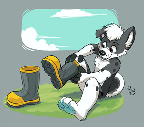 anthro black_nose blue_claws blue_eyes blue_pawpads blue_sky boots claws clothing cloud footwear fur grey_body grey_fur hair heterochromia logo male mostly_nude open_mouth open_smile outside pawpads red_eyes shoes short_hair sitting sky smile solo white_body white_fur white_hair young young_anthro young_male pandapaco canid canine mammal artist_logo signature