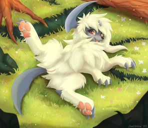 arm_tuft big_claws cheek_tuft claws elbow_tuft facial_tuft female feral flower fluffy fluffy_butt fluffy_chest fluffy_hair fluffy_tail forehead_gem fur gem genitals grass hair horn jewelry long_hair lying on_back open_mouth open_smile pawpads pink_vulva plant presenting presenting_vulva red_eyes rock rose_(flower) sharp_tail smile solo tail tongue tree tuft vulva white_body white_fur joeumbre nintendo pokemon absol generation_3_pokemon pokemon_(species) absurd_res hi_res