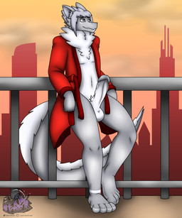 4_toes anthro balcony city clothed clothing erection feet fur genitals hair male neck_tuft nude penis robe robe_only sky smile solo sunset tail thick_thighs toes tuft berk_rider mythology dragon mythological_creature mythological_scalie scalie 2023 5:6 absurd_res hi_res