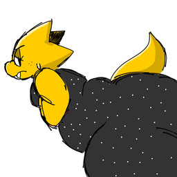 anthro back_rolls belly big_butt black_clothing black_dress bodily_fluids breasts buckteeth butt clothed clothing coat dotted_dress dress eyewear female freckled_face freckles frown glasses huge_butt huge_thighs lidded_eyes looking_back narrowed_eyes non-mammal_breasts overweight overweight_anthro overweight_female side_view simple_background solo sweat sweatdrop tail teeth thick_thighs topwear white_background yellow_body cococram undertale_(series) alphys reptile scalie 1:1 2026 alternate_version_at_source digital_media_(artwork) hi_res sketch