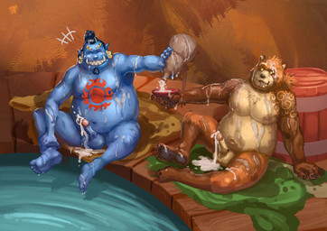 alcohol balls bath bathroom belly beverage big_balls big_belly bodily_fluids cum cum_on_balls cum_on_body cum_on_face cum_on_ground cum_on_head cum_on_penis duo erection foreskin genital_fluids genitals male male/male moobs navel nipples overweight overweight_male penis sake sitting tattoo tongue tongue_out wet wet_body gratatator lifewonders one_piece tokyo_afterschool_summoners gyobu_(tas) jinbe aquatic canid canine fish-men_(one_piece) mammal raccoon_dog tanuki